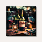 A dimly lit scene featuring two glasses of red wine, two wine bottles, and a flickering candle on a table, conveying a romantic and cozy ambiance in a painterly style.