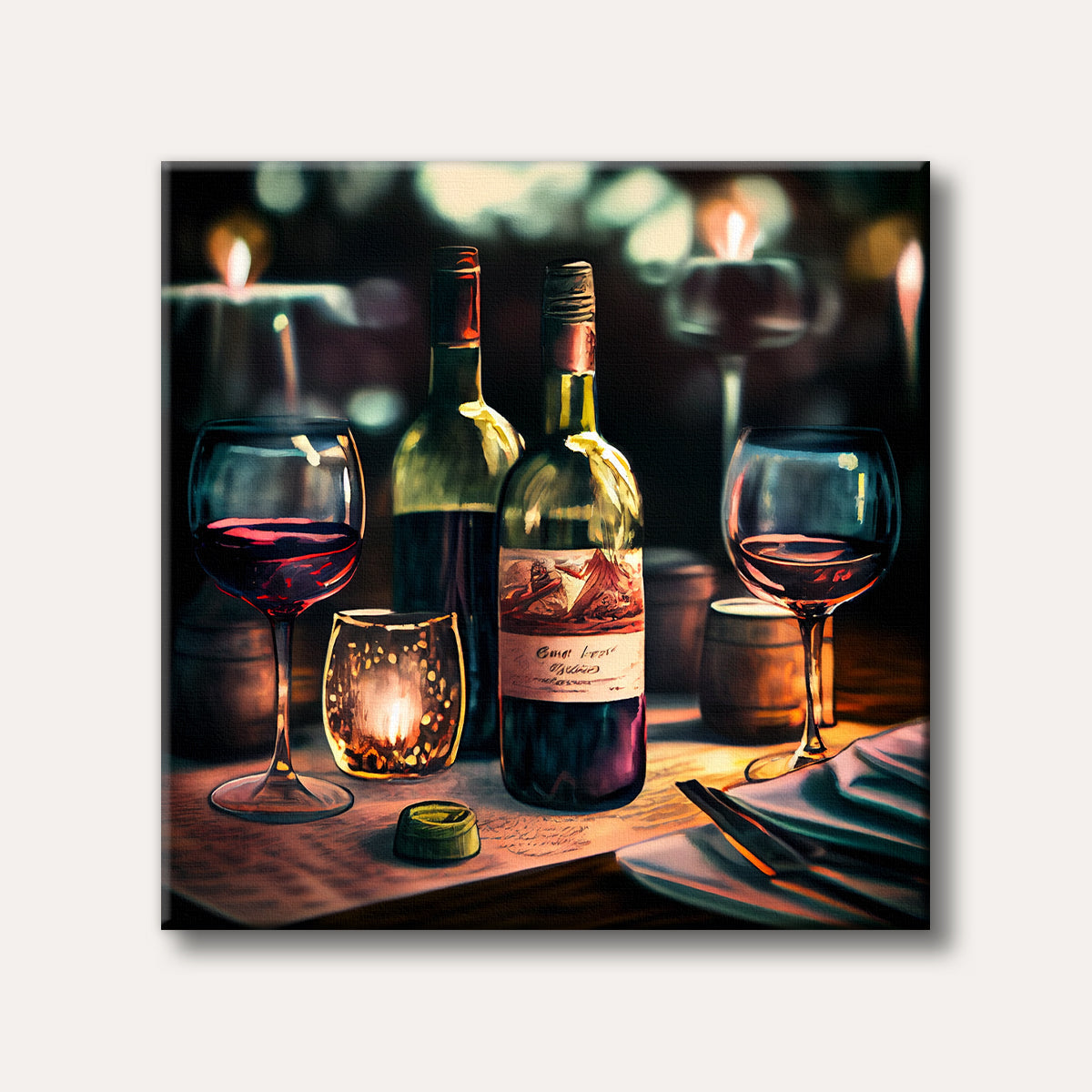 A dimly lit scene featuring two glasses of red wine, two wine bottles, and a flickering candle on a table, conveying a romantic and cozy ambiance in a painterly style.