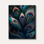 A close-up painting of multiple peacock feathers displaying vibrant blue, green, and purple iridescent 'eyes' with shimmering gold outlines.