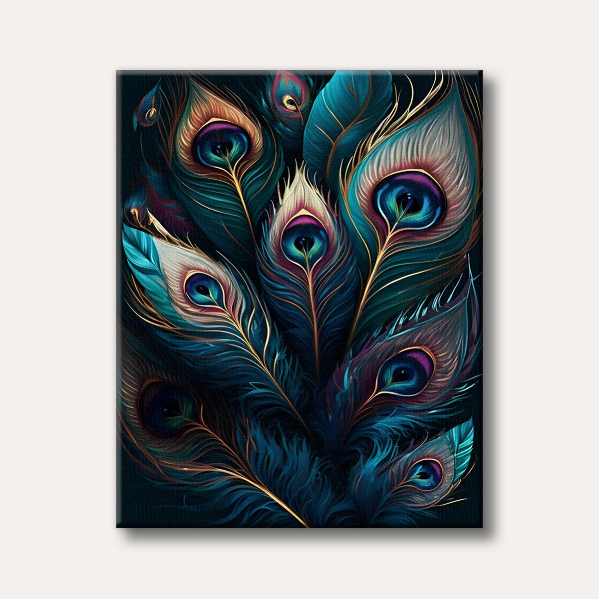 A close-up painting of multiple peacock feathers displaying vibrant blue, green, and purple iridescent 'eyes' with shimmering gold outlines.