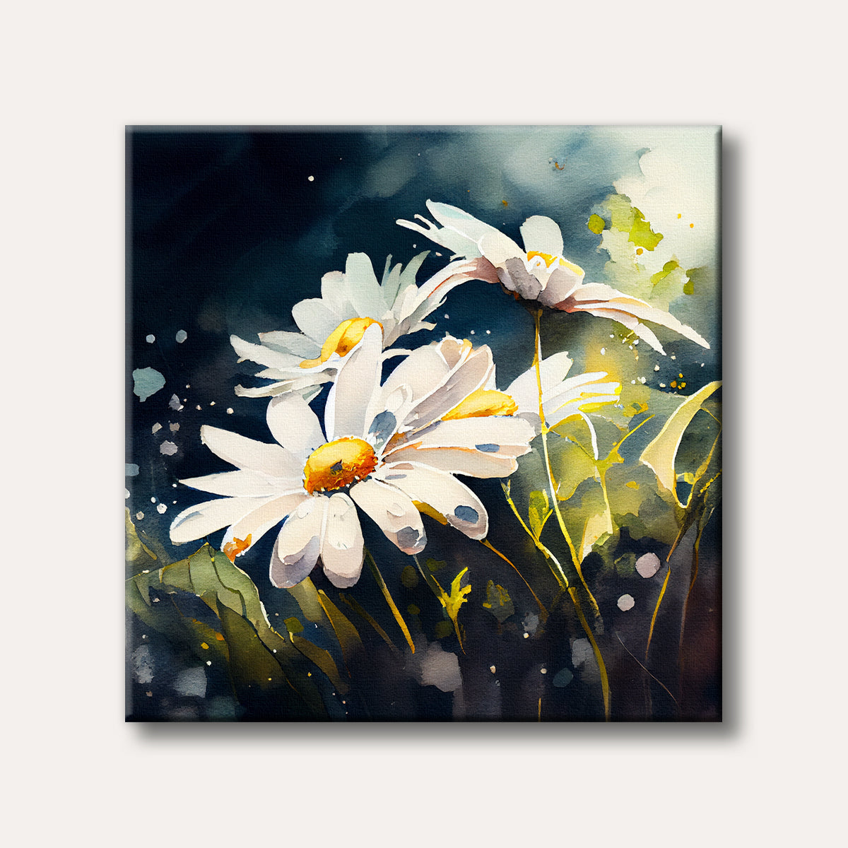A watercolour painting featuring several bright white daisies with yellow centers, set against a dark, moody background with splashes of light.