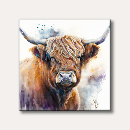 A close-up painting of a majestic Highland cow with long shaggy fur and large horns, rendered in warm brown tones with colourful abstract splashes in the background, conveying a gentle and artistic mood.