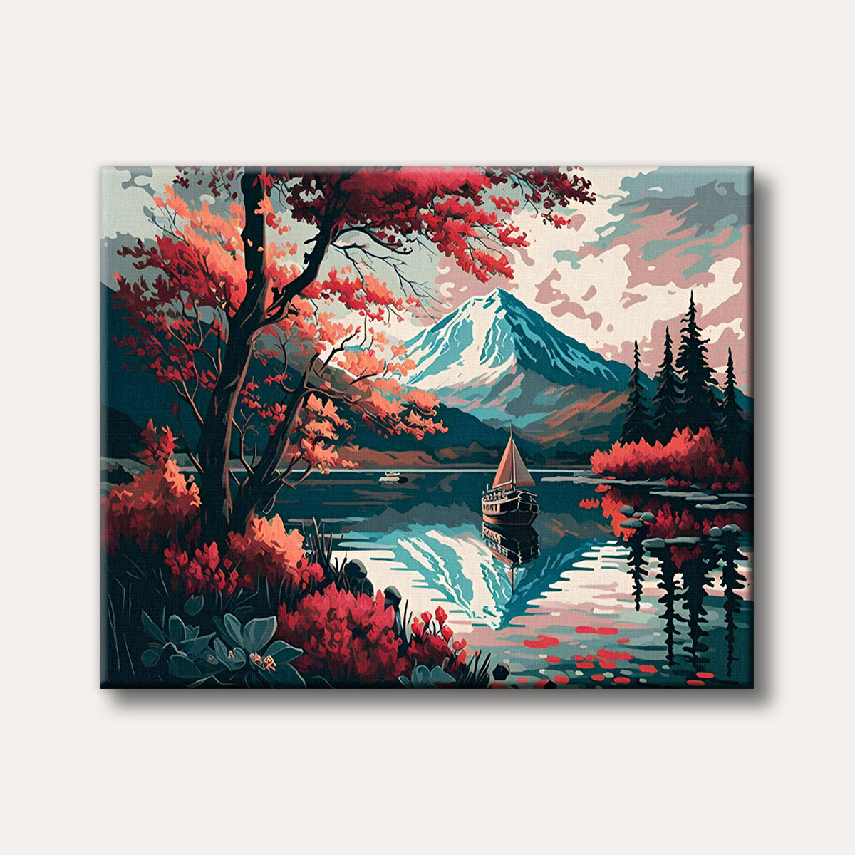 A vibrant, stylized painting of a serene lake with a sailboat, framed by a striking red-leaved tree, and backed by a snow-capped mountain under a colourful sky.