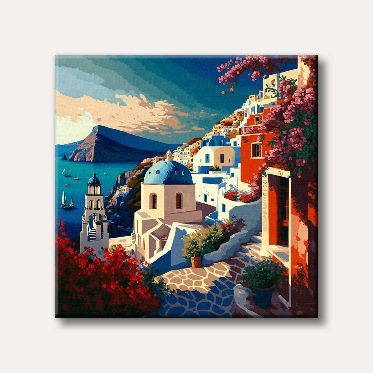 A vibrant painting of a picturesque Greek island village with white buildings, blue domes, and red bougainvillea cascading down the cliffs towards a tranquil blue sea, rendered in a stylized, illustrative art style.