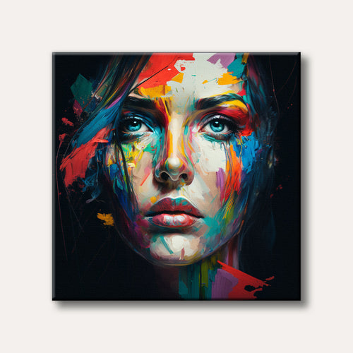 A close-up portrait of a woman's face featuring vibrant, expressive abstract paint strokes in multiple colours, emphasizing her striking blue eyes against a dark background.