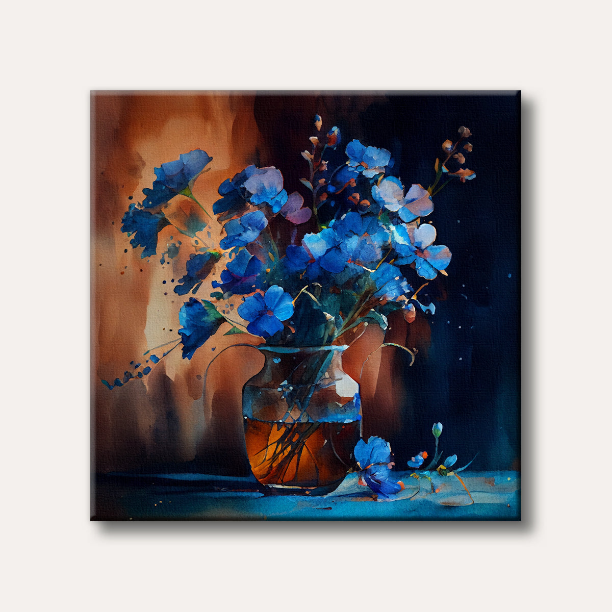 A vibrant watercolour painting of a bouquet of blue flowers in a clear vase, featuring a blend of deep blues and warm brown tones against a dark background, in an artistic style.