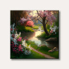 A vibrant spring landscape painting featuring a winding stream reflecting sunlight, surrounded by lush green foliage and trees adorned with pink and white blossoms, rendered in a painterly style.