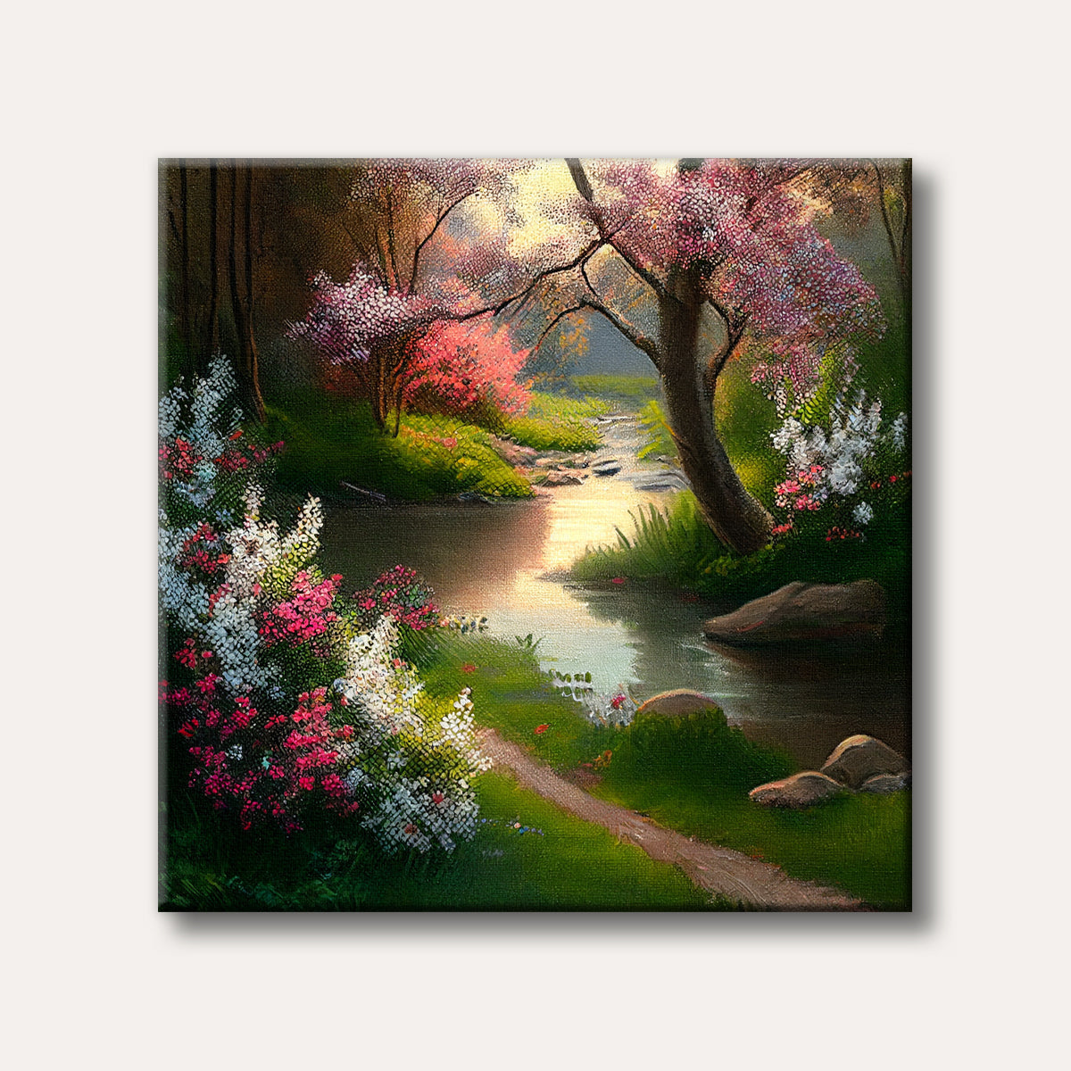 A vibrant spring landscape painting featuring a winding stream reflecting sunlight, surrounded by lush green foliage and trees adorned with pink and white blossoms, rendered in a painterly style.