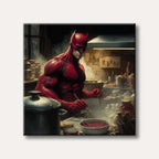 A detailed digital painting of Daredevil in his iconic red suit and mask, cooking in a rustic kitchen with steam rising from pots, rendered in a realistic and moody style.