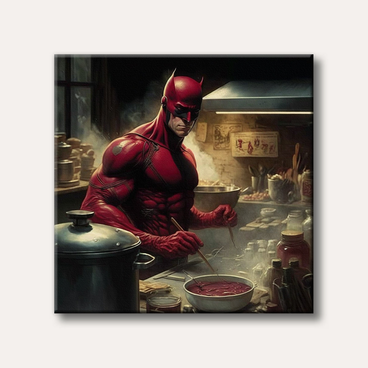 A detailed digital painting of Daredevil in his iconic red suit and mask, cooking in a rustic kitchen with steam rising from pots, rendered in a realistic and moody style.
