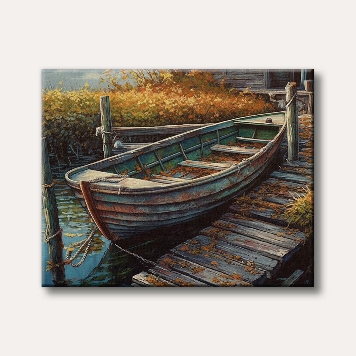 An old rustic wooden boat filled with autumn leaves, tied to a weathered dock beside calm water and fall foliage, painted in a realistic, tranquil style.