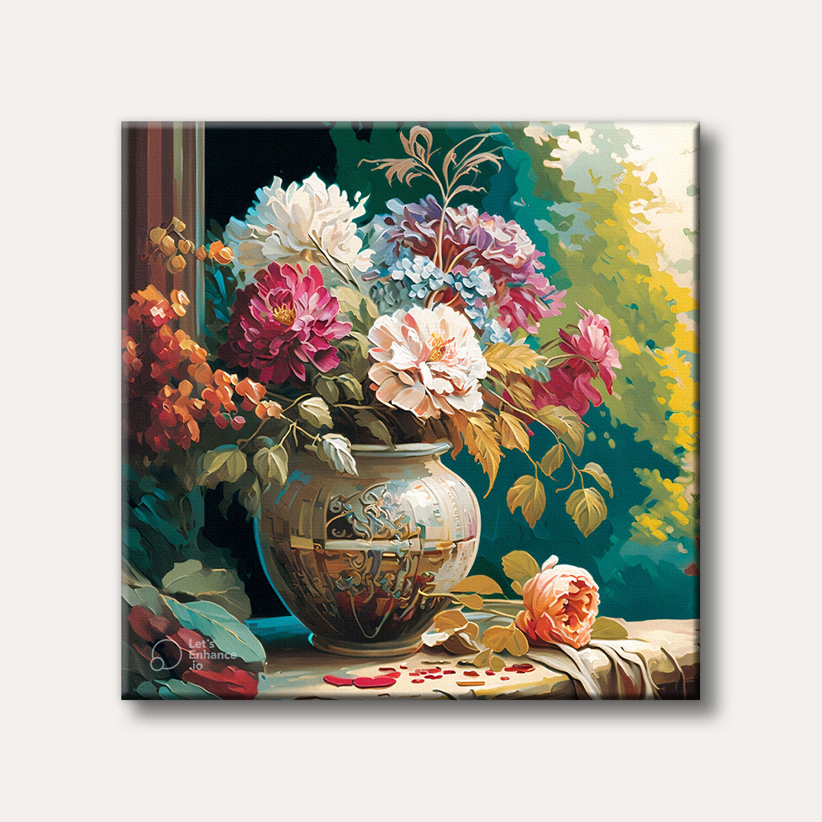 A detailed painting of a large ceramic vase filled with white, pink, and purple peonies, with a single peach rose resting on a table beside it, set against a bright, painterly outdoor background, in a classic art style.