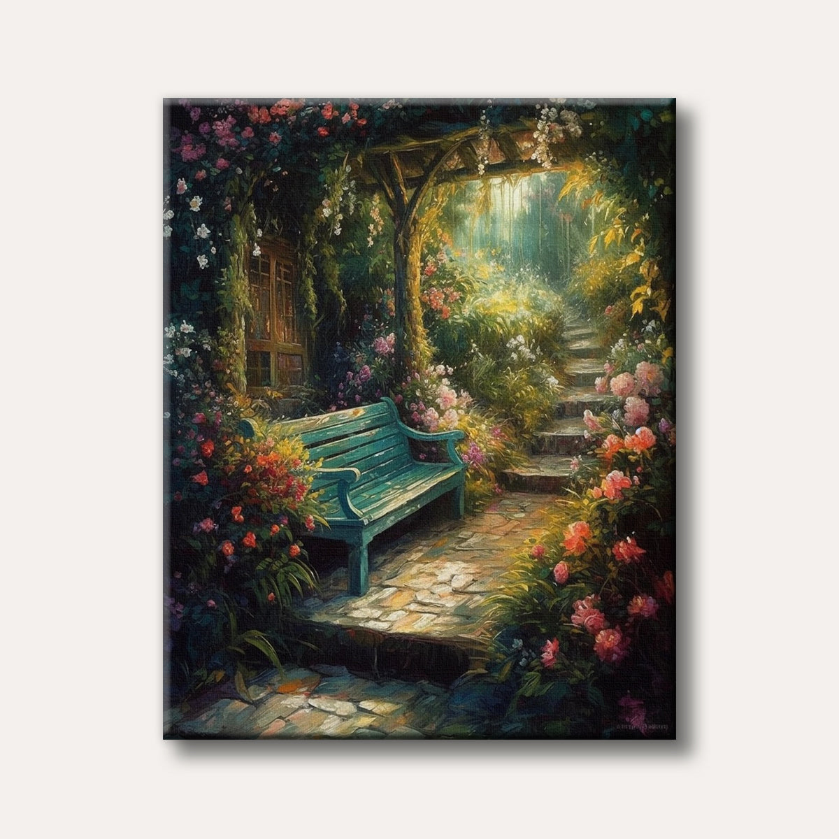 A vibrant impressionistic painting of a secret garden path with a teal bench, leading through an archway covered in blooming flowers and lush greenery, bathed in dappled sunlight.