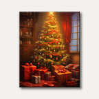 A brightly lit Christmas tree adorned with red ribbons and ornaments, surrounded by wrapped presents, creating a warm and festive holiday scene.