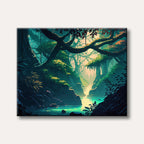 A vibrant digital painting of a lush jungle scene with a glowing river winding through a rocky gorge, illuminated by a warm, ethereal light, creating a mystical and serene mood.