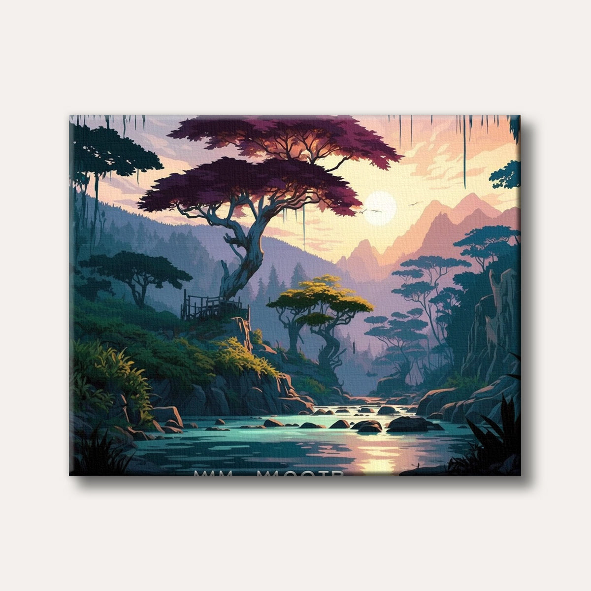 A vibrant, stylized landscape painting showcasing a tranquil river winding through a lush valley at sunset, with a striking tree featuring purple leaves in the foreground, rendered in a serene and colourful style.