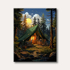 A cozy green tent illuminated from within at sunset in a vibrant, stylized forest scene, with a flowing stream and large trees.