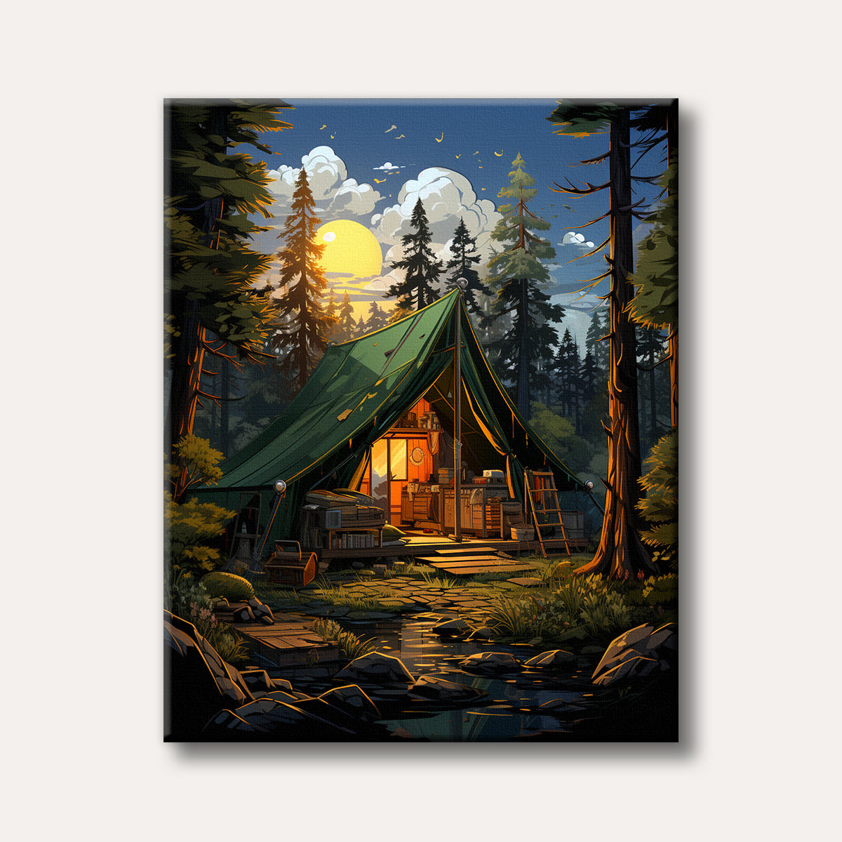 A cozy green tent illuminated from within at sunset in a vibrant, stylized forest scene, with a flowing stream and large trees.