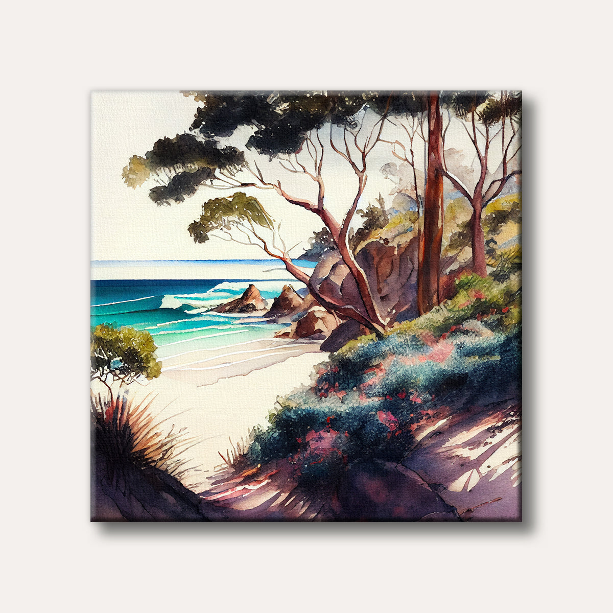 A vibrant watercolour painting of a serene beach scene with lush coastal vegetation, turquoise waves, and distant rocks, rendered in a loose, flowing style.