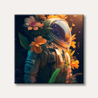 An astronaut suit, decorated with vibrant orange and pink flowers and lush green plants, stands against a dark background in a surreal, dreamlike style.