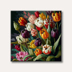 A close-up painting of a vibrant bouquet of tulips in various colours like red, yellow, purple, white, and pink, with green leaves, rendered in a detailed and expressive style.