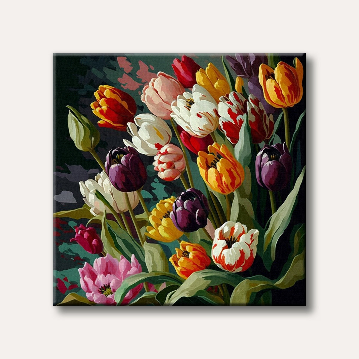 A close-up painting of a vibrant bouquet of tulips in various colours like red, yellow, purple, white, and pink, with green leaves, rendered in a detailed and expressive style.