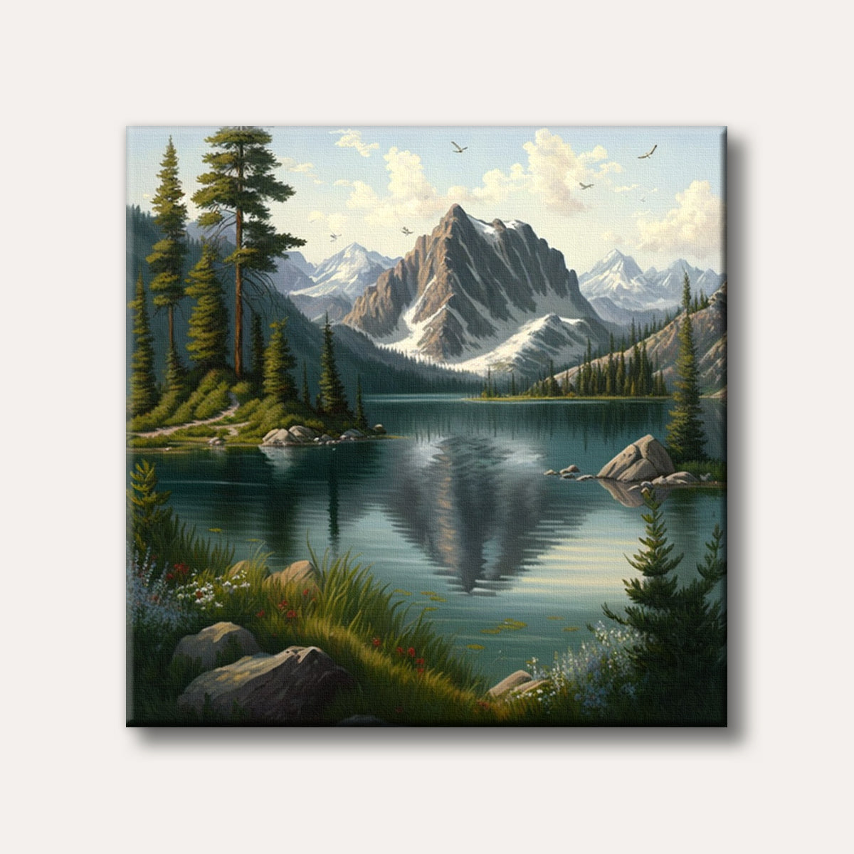 A stunning landscape painting depicting a clear mountain lake reflecting snow-capped peaks and surrounded by lush green pine trees under a blue sky with birds, rendered in a realistic style.