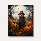 A chilling image of a pumpkin-headed scarecrow in a black cloak standing in a vast pumpkin patch, surrounded by jack-o'-lanterns and eerie, bare trees under a cloudy, ominous sky, painted in a dark fantasy style.