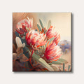 A vibrant painting depicting several red and pink Protea flowers with green leaves against a warm, muted background, rendered in a loose, artistic style.