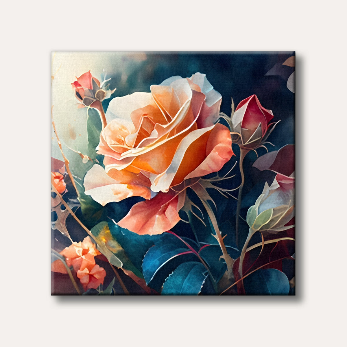 A vibrant peach rose with elegant petals and red buds, set against dark blue-green foliage, depicted in a painterly style with soft illumination.