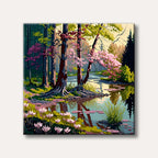 A vibrant and stylized painting of a spring forest, featuring a tranquil pond reflecting blossoming pink trees and lush green foliage under a soft sky.