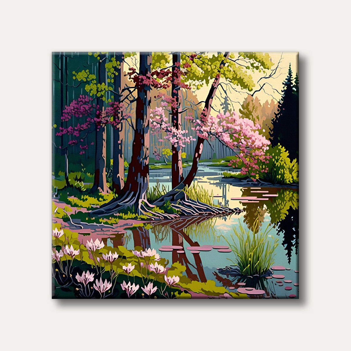 A vibrant and stylized painting of a spring forest, featuring a tranquil pond reflecting blossoming pink trees and lush green foliage under a soft sky.