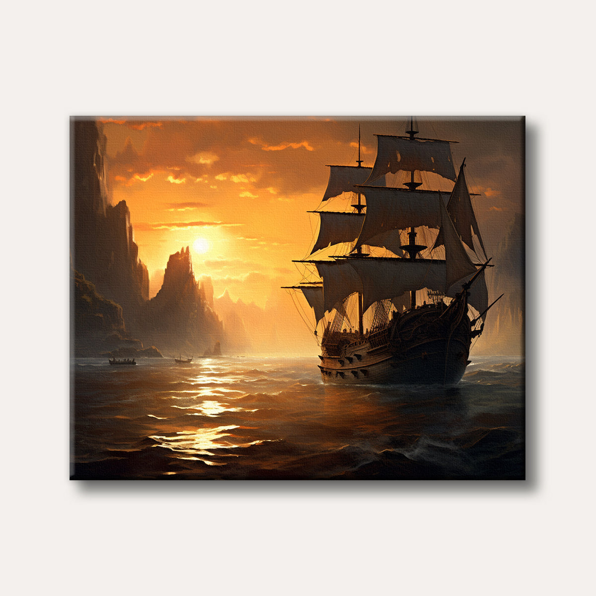 A majestic galleon ship sails on choppy waters towards towering cliffs under a dramatic golden hour sky, depicted in a realistic and adventurous style.