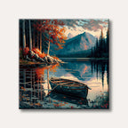 A tranquil landscape painting featuring a small boat on a still lake, surrounded by mountains and vibrant autumn trees, all reflected in the water.