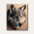 A visually striking wolf head rendered in a layered, geometric art style, featuring shades of gray, beige, and brown, with intense orange eyes against a light background.