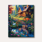 A vibrant, idyllic painting of a rustic cottage nestled beside a calm stream with a white swan, surrounded by lush, colourful flowers and trees, rendered in a bold, illustrative style.