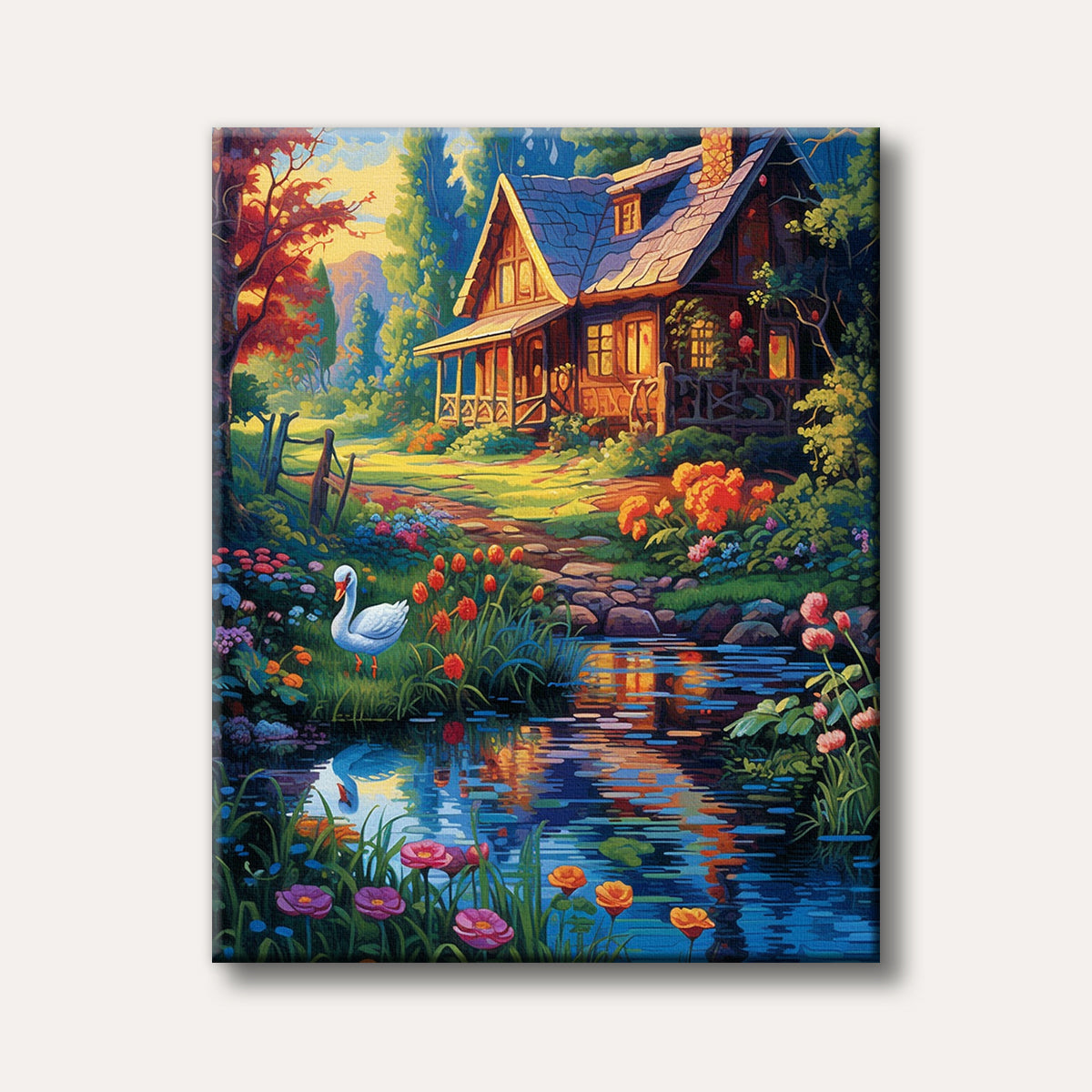 A vibrant, idyllic painting of a rustic cottage nestled beside a calm stream with a white swan, surrounded by lush, colourful flowers and trees, rendered in a bold, illustrative style.