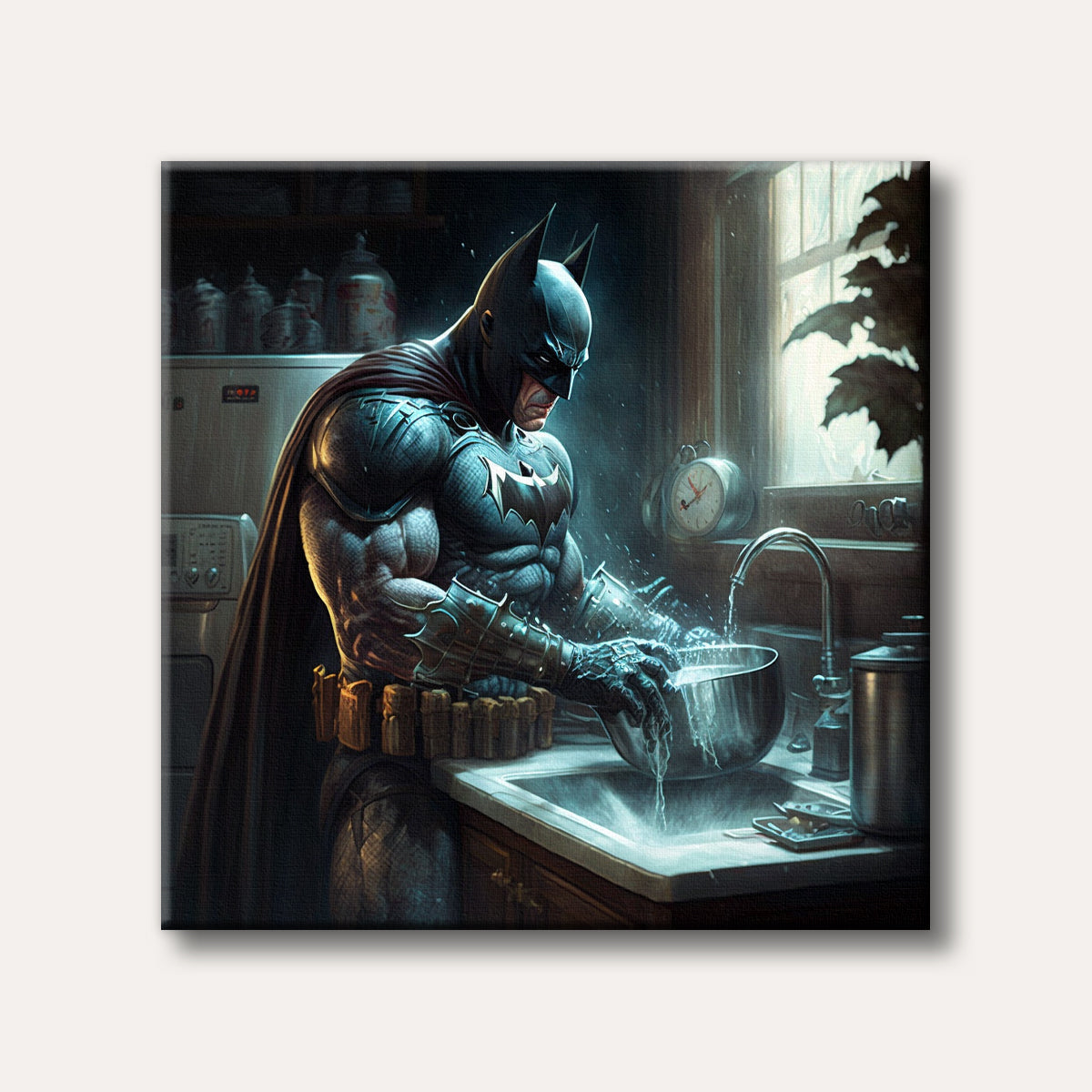 A powerful Batman in his full suit washes a pot in a detailed, dimly lit kitchen, depicted in a realistic style with dramatic lighting.