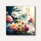 A vibrant garden scene featuring large pink and white flowers in the foreground, with a sunlit grand villa and steps in the soft, painterly background.