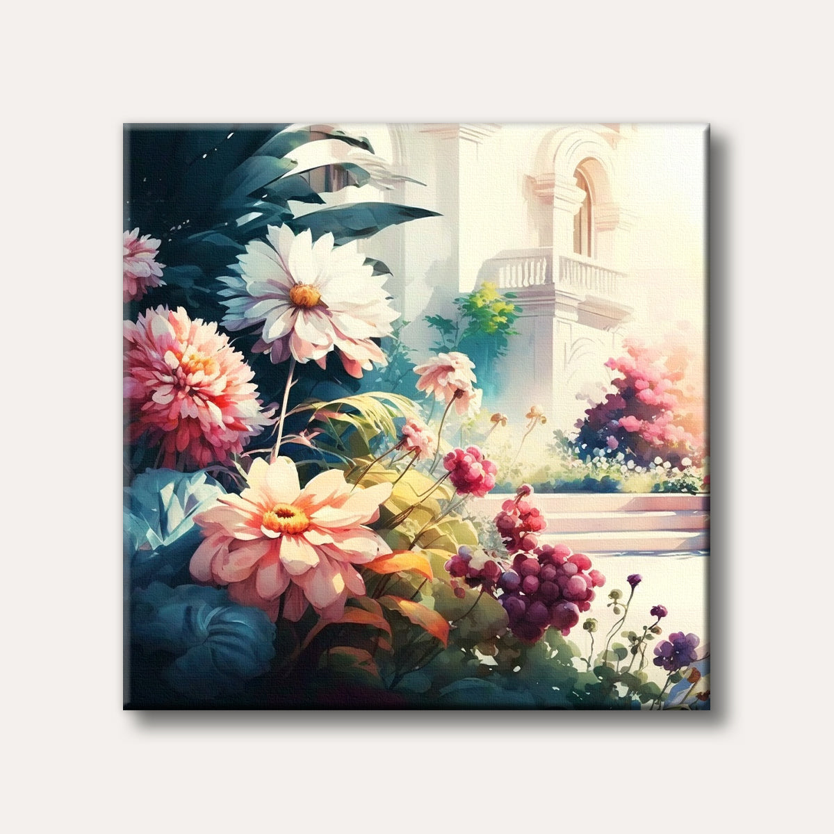 A vibrant garden scene featuring large pink and white flowers in the foreground, with a sunlit grand villa and steps in the soft, painterly background.