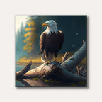 A majestic bald eagle with white head and brown body stands on a large weathered log in calm water, depicted in a realistic painting style with warm golden forest light.