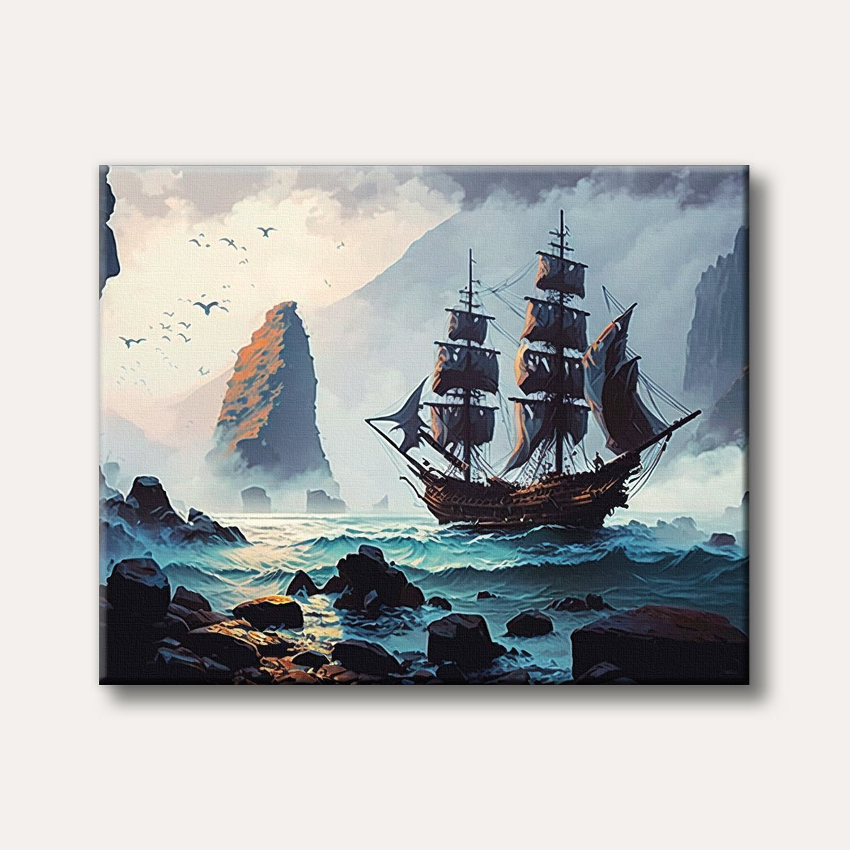 A large, dark sailing ship navigates a stormy, teal-blue sea surrounded by dramatic, misty rock formations under a light-filled sky with flying birds, rendered in a detailed, adventurous style.