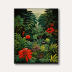 A vibrant and lush jungle scene painting featuring exotic red flowers, dense green foliage, and small birds, rendered in a detailed, naive art style.