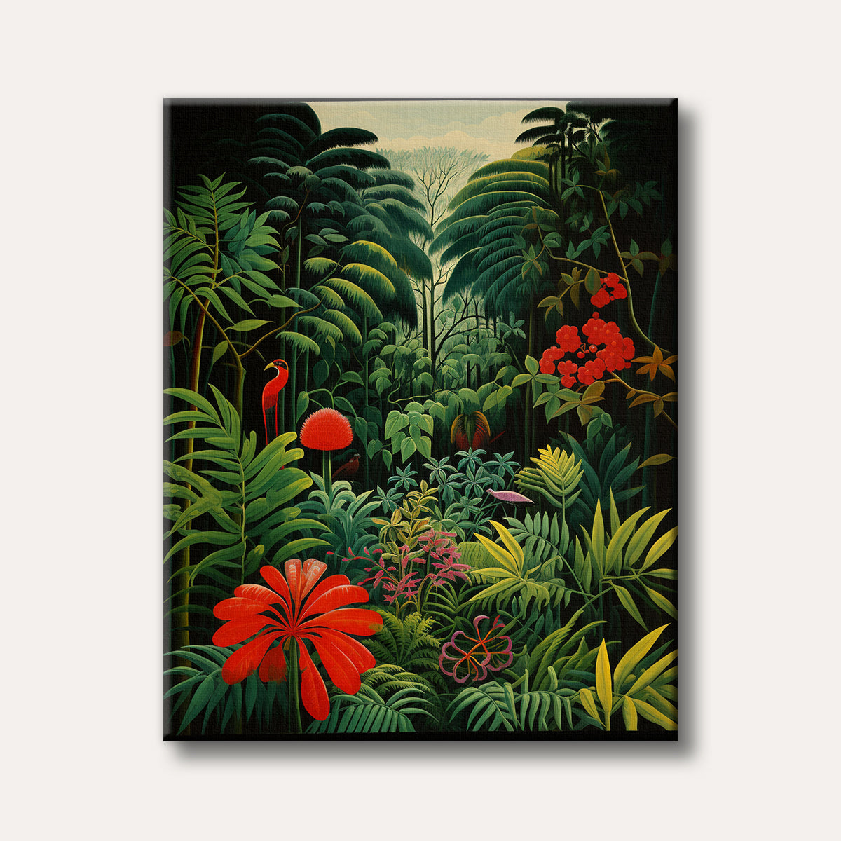A vibrant and lush jungle scene painting featuring exotic red flowers, dense green foliage, and small birds, rendered in a detailed, naive art style.