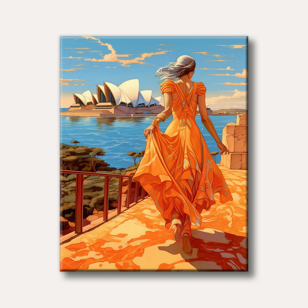 A woman in a vibrant orange dress looks out at the iconic Sydney Opera House under a bright blue sky, depicted in a striking illustrative style.