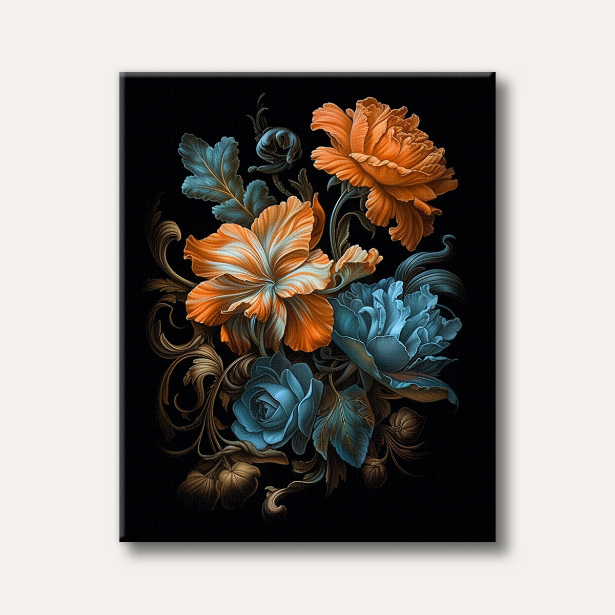 A vibrant illustration of orange, teal, and blue flowers with intricate dark foliage on a black background, rendered in an elegant, realistic style.