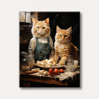 Two fluffy orange cats are depicted on a rustic wooden table filled with cheese, jars, and fruit, one wearing blue overalls, in a charming, realistic painting style.