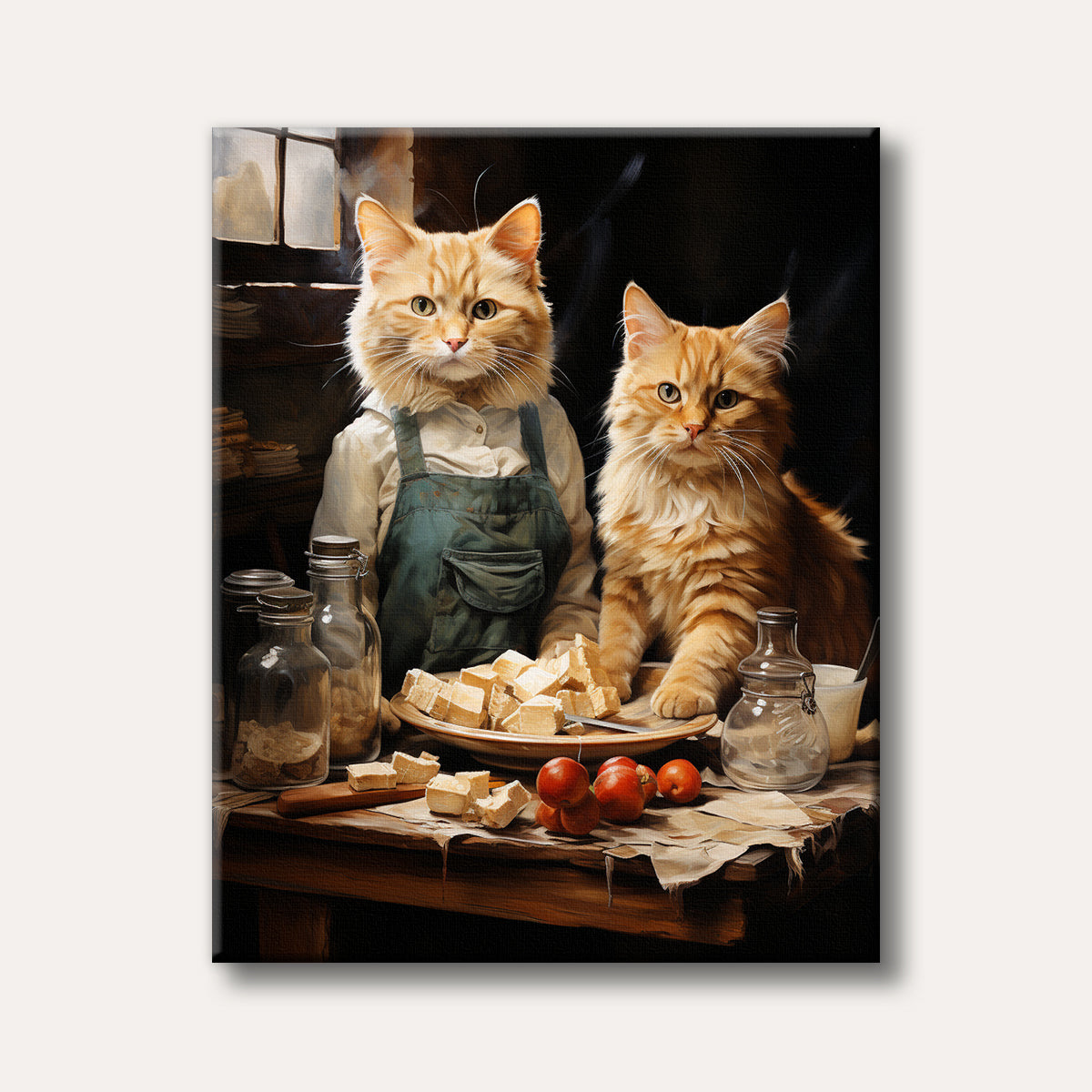 Two fluffy orange cats are depicted on a rustic wooden table filled with cheese, jars, and fruit, one wearing blue overalls, in a charming, realistic painting style.