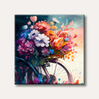 A watercolour painting depicts a bicycle adorned with a large, vibrant bouquet of flowers in shades of red, orange, purple, and white, set against a dark to light gradient background.