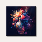 A vibrant watercolour painting depicting a bouquet of orange, red, and blue flowers in a vase, set against a dark, moody background.